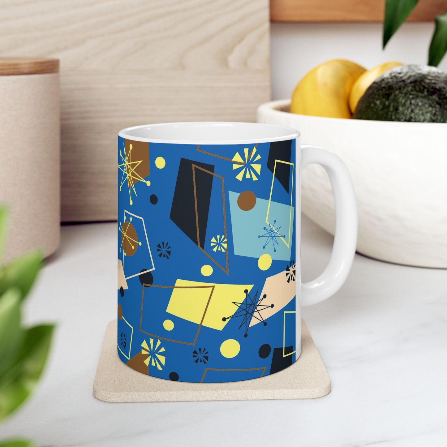 Retro Atomic Blue Ceramic Mug – Mid-Century Modern Geometric Coffee Cup (11oz/15oz)