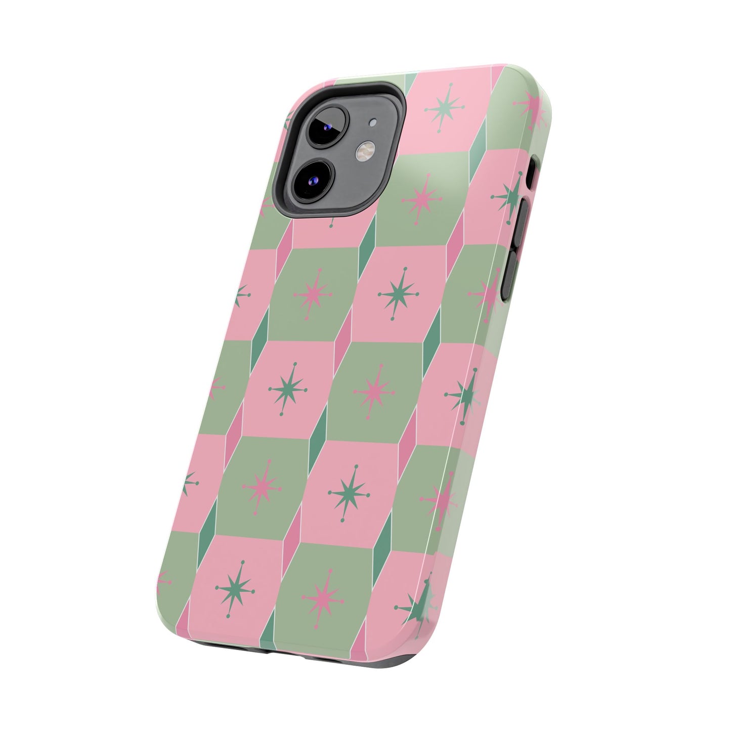 1950s Retro Square and Diamond Pattern in Pink and Green Tough iPhone Cases