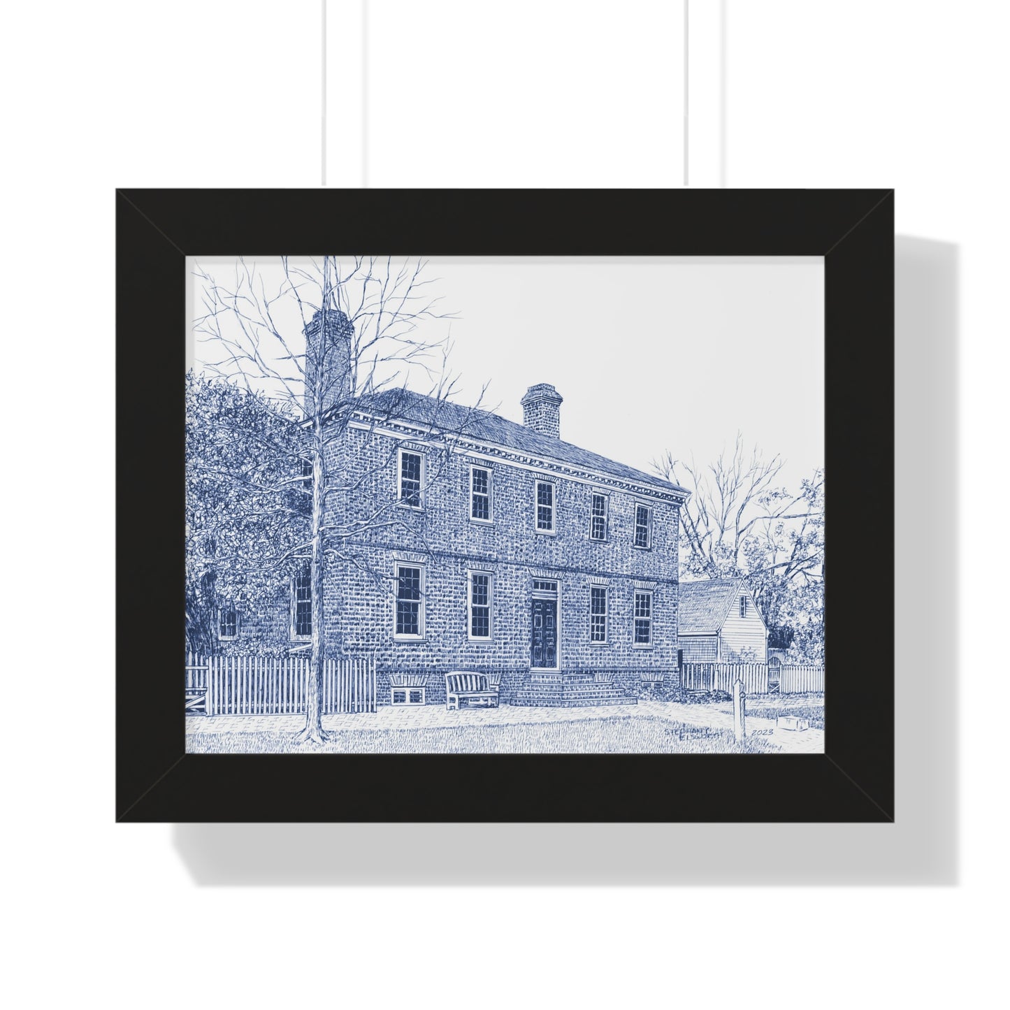 Colonial Williamsburg's Wythe House in Blue Framed Horizontal Poster — Vintage Blue Architectural Print of Historic House