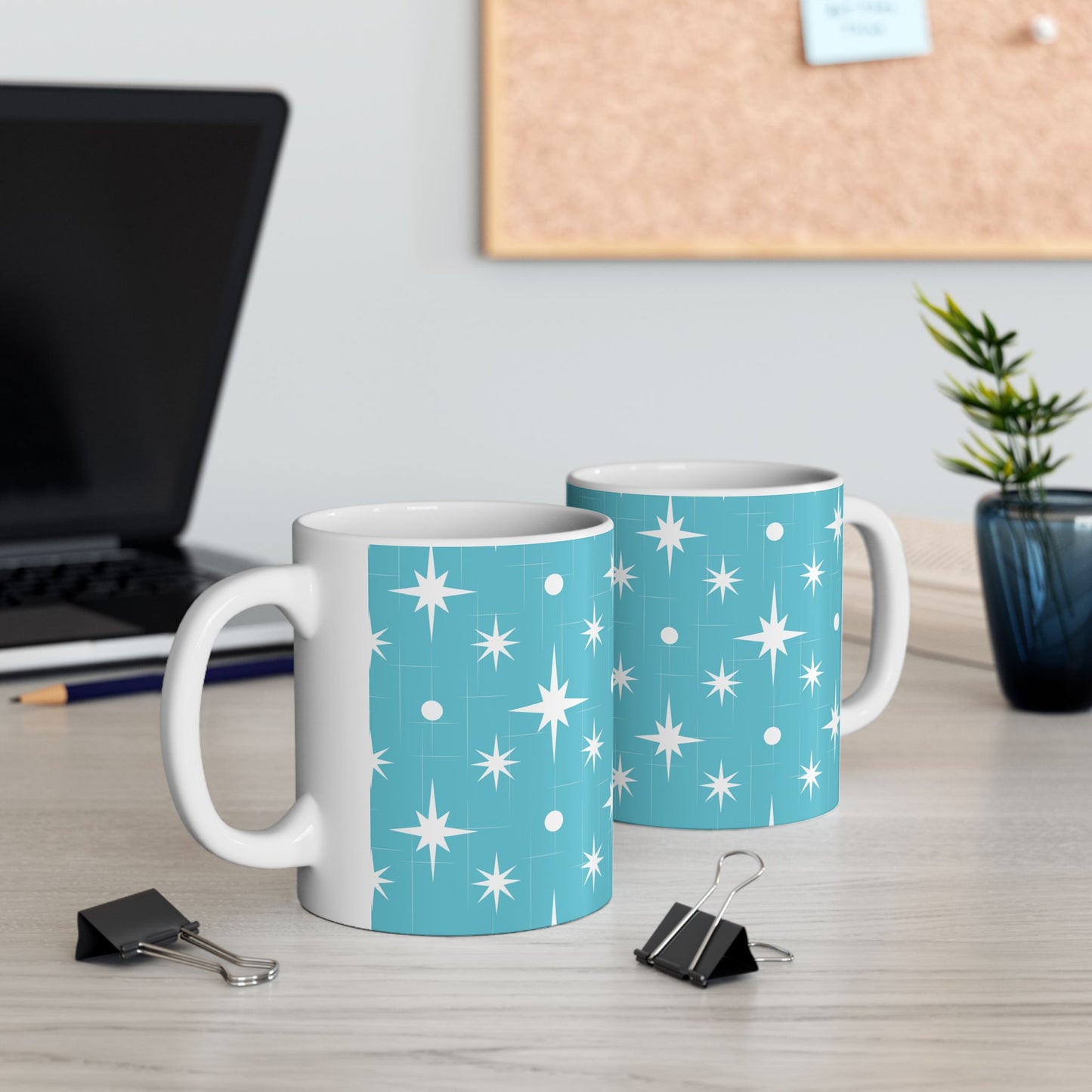 Starburst Pattern Ceramic Mug — Retro Turquoise Mid-Century Modern Coffee Cup (11oz, 15oz)