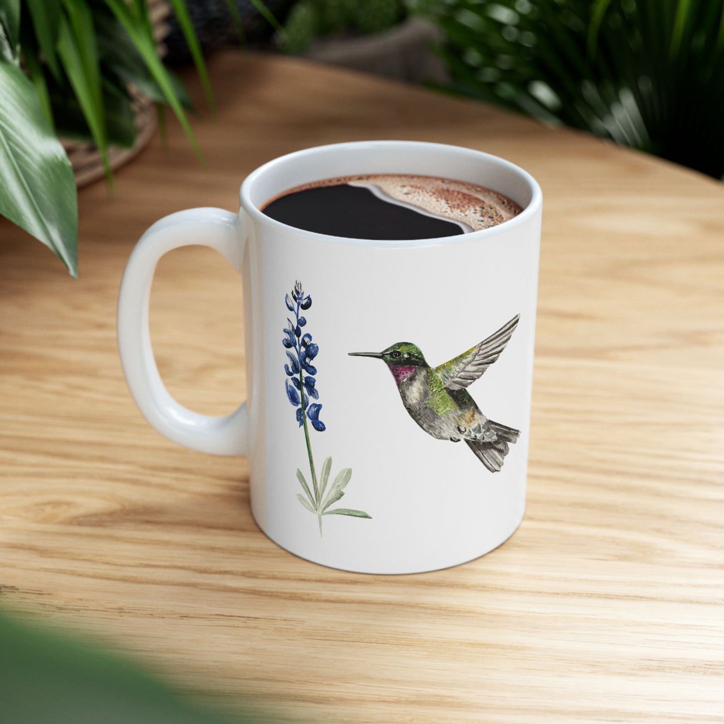Hummingbird & Bluebonnet Ceramic Mug — Floral Bird Coffee Tea Cup (11oz, 15oz)