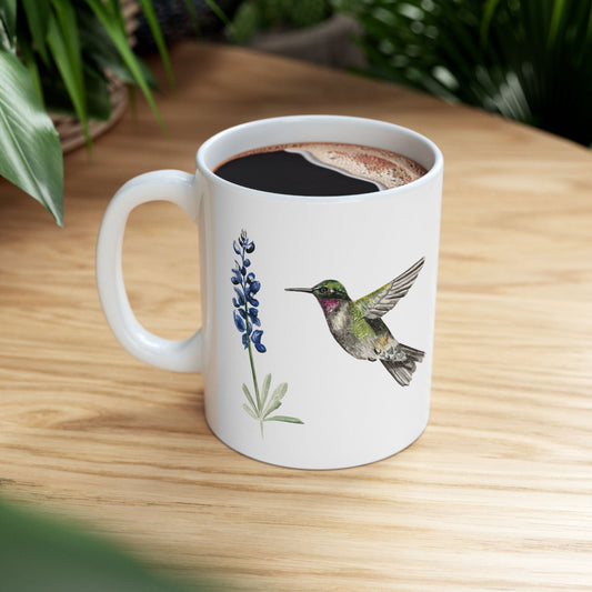 Hummingbird & Bluebonnet Ceramic Mug — Floral Bird Coffee Tea Cup (11oz, 15oz)
