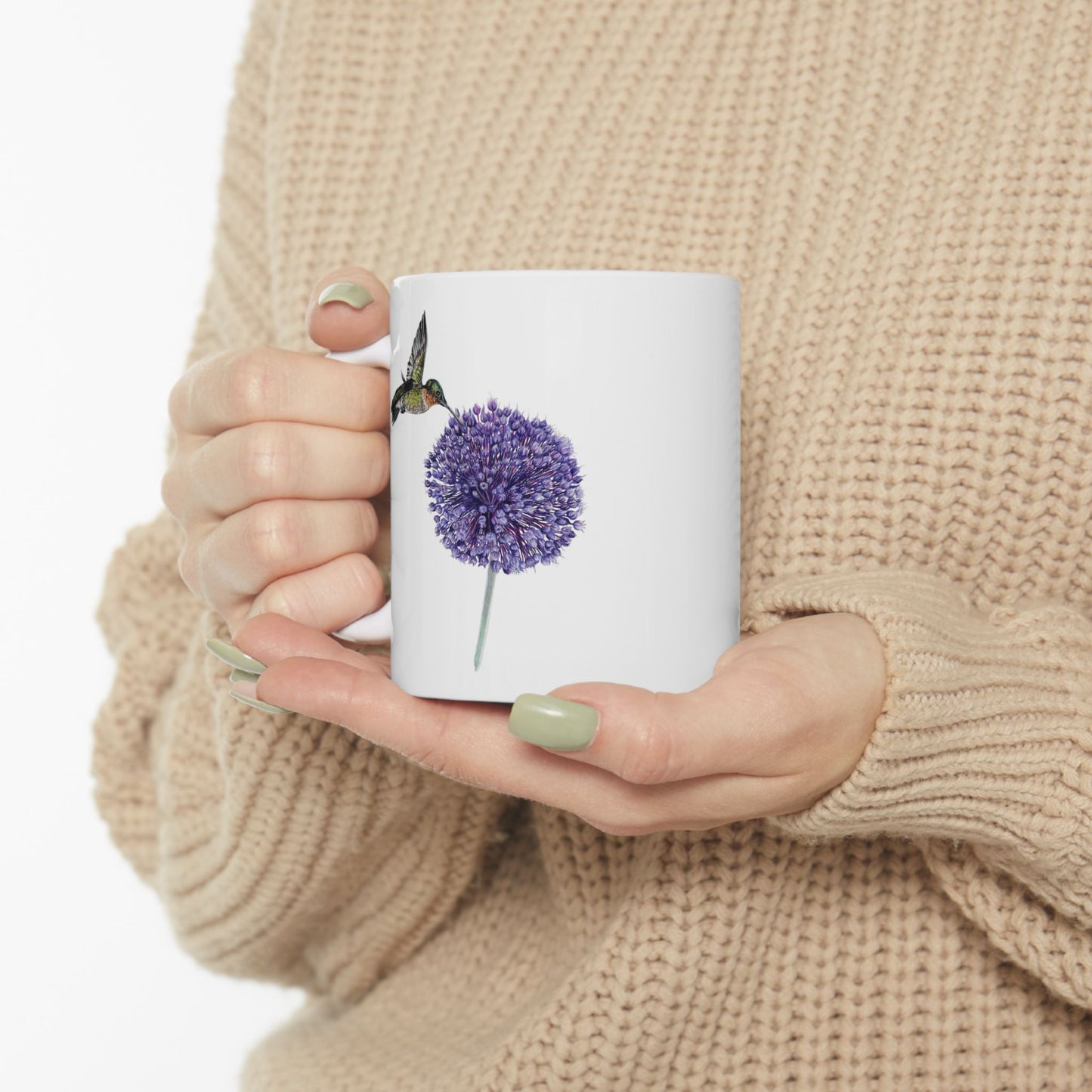 Hummingbird and Yorktown Onion Ceramic Mug — Purple Allium Floral & Hummingbird Coffee Cup (11oz & 15oz)