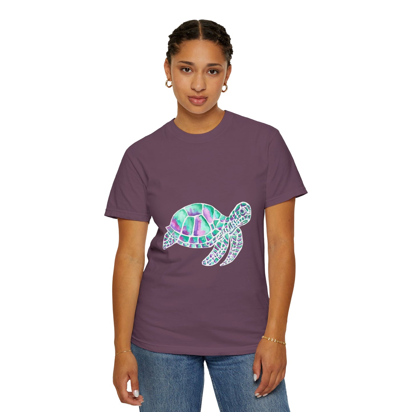 Sea Turtle in Teal and Purple Unisex Garment-Dyed T-shirt