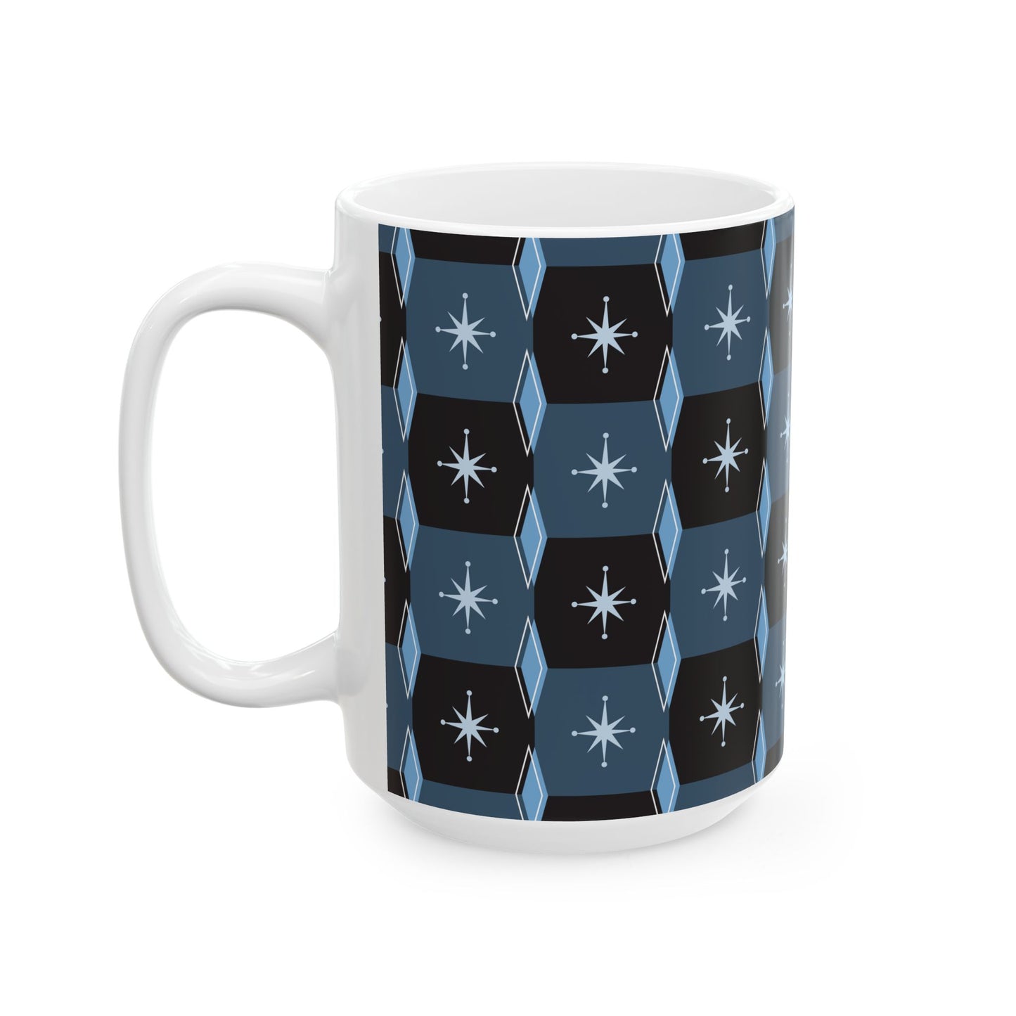 Retro Starburst Pattern Ceramic Mug — Mid-Century Modern Blue Coffee Cup (11oz, 15oz)