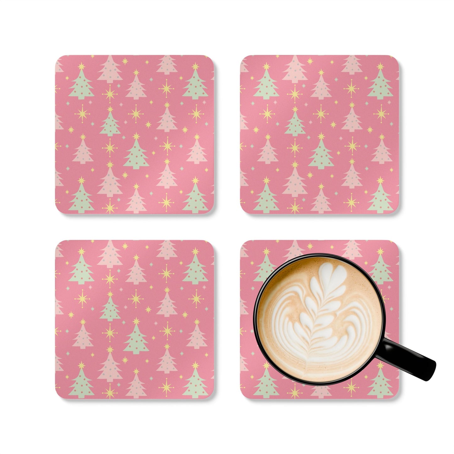 Pink Retro Christmas Tree Cork Coaster Set