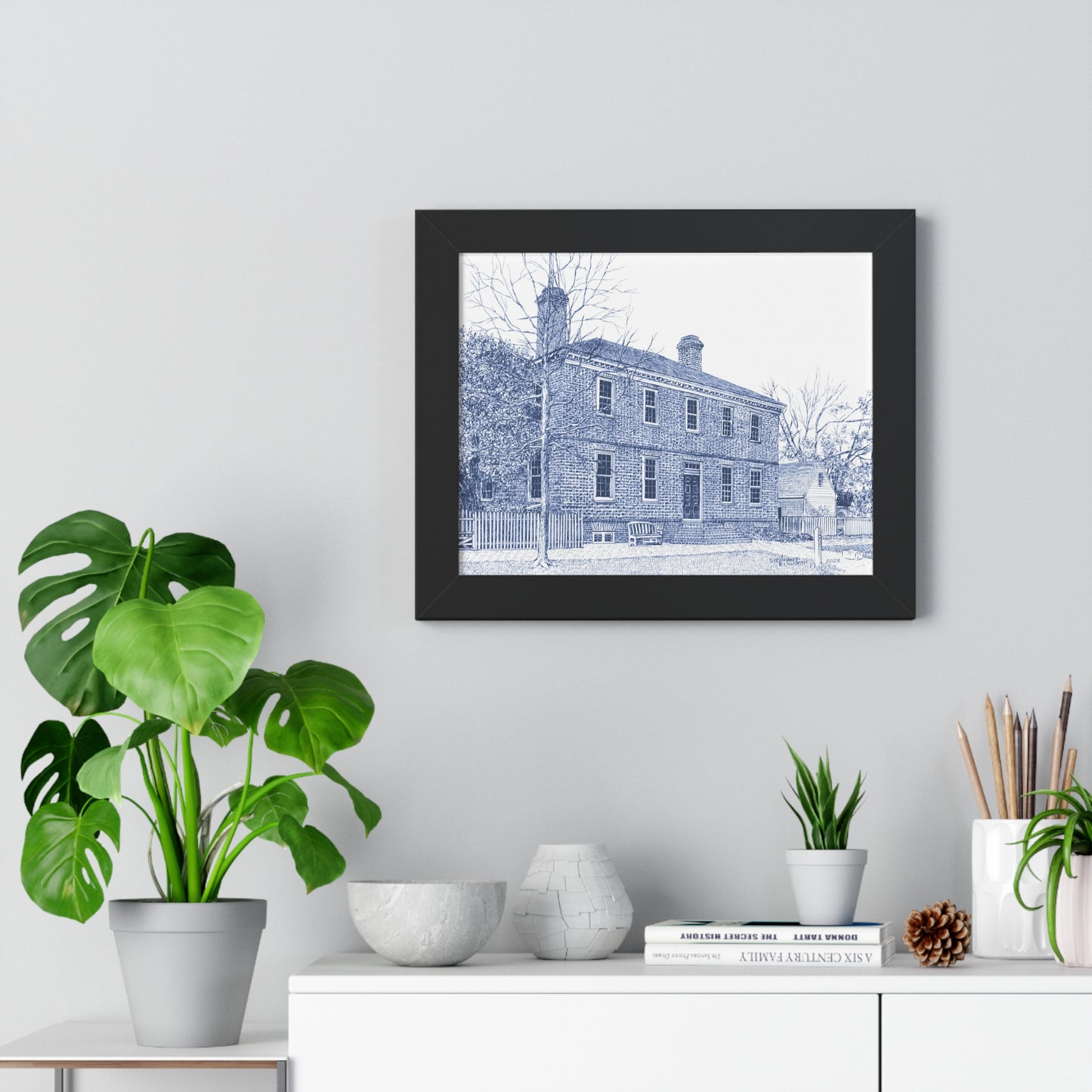 Colonial Williamsburg's Wythe House in Blue Framed Horizontal Poster — Vintage Blue Architectural Print of Historic House