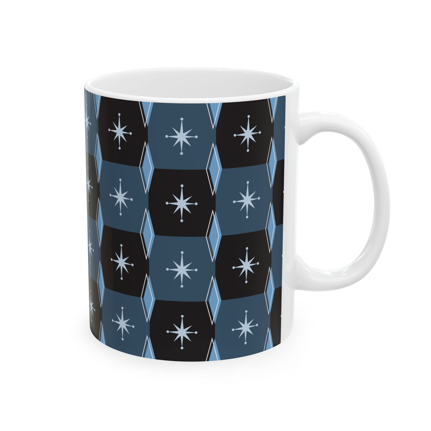 Retro Starburst Pattern Ceramic Mug — Mid-Century Modern Blue Coffee Cup (11oz, 15oz)