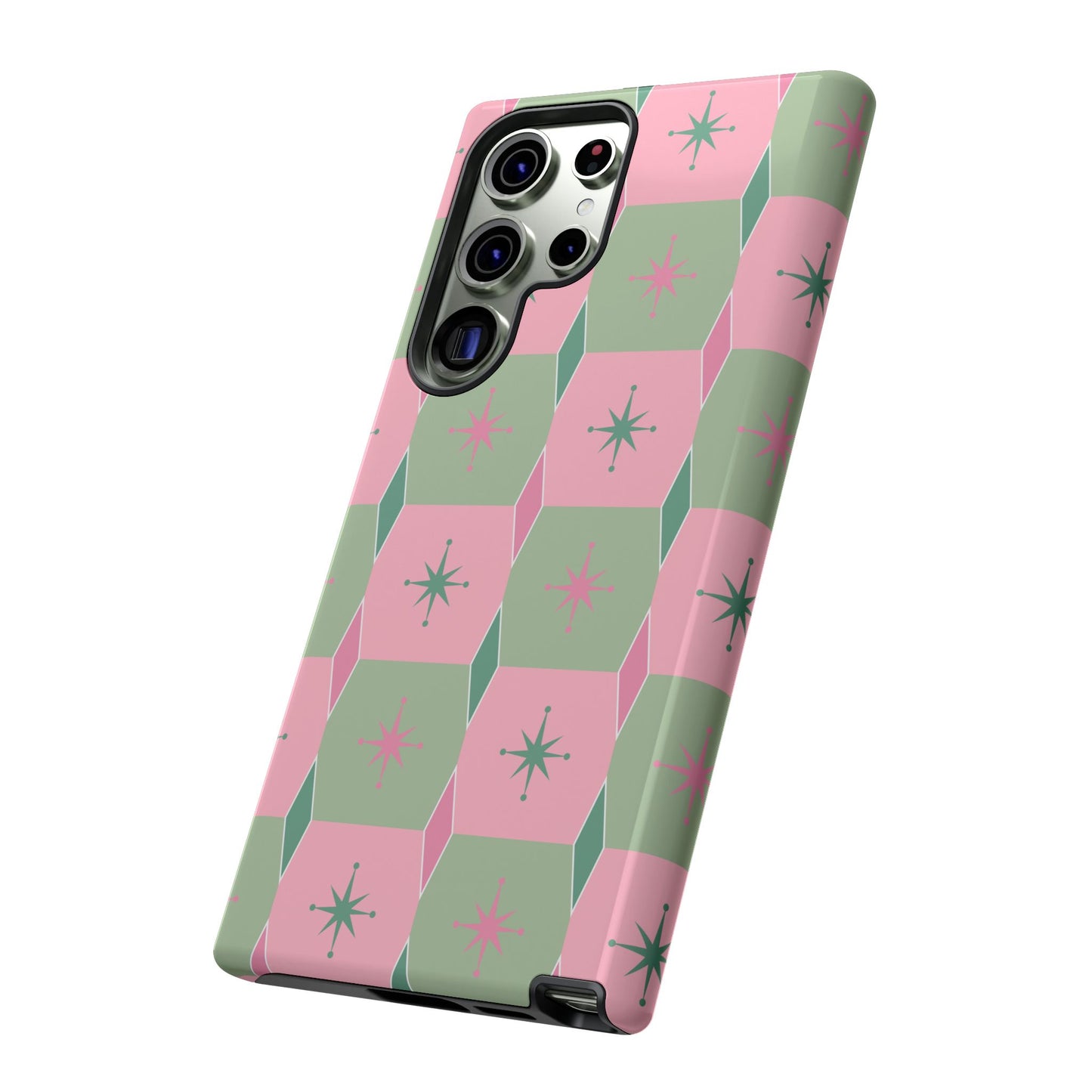 1950s Retro Square and Diamond Pattern in Pink and Green Tough Cases