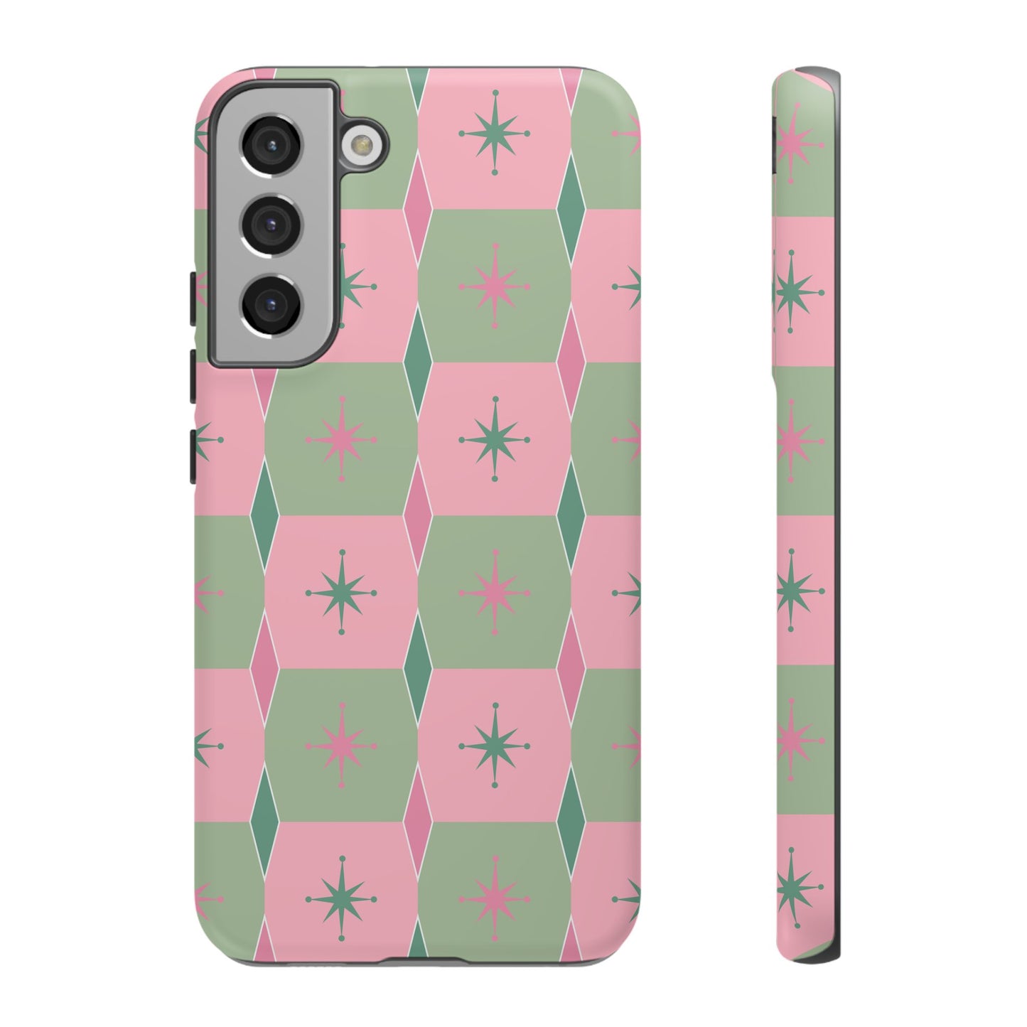 1950s Retro Square and Diamond Pattern in Pink and Green Tough Cases