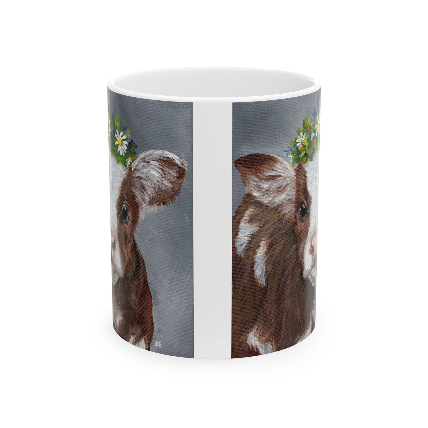Cow with Daisy Crown Ceramic Mug — Cute Farm Animal Coffee Cup (11oz, 15oz)