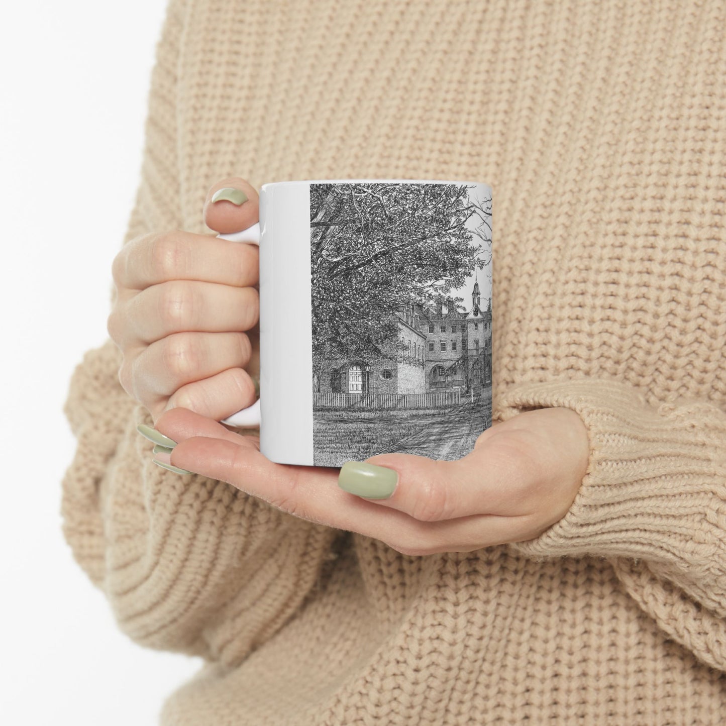 Wren Building, CWM Ceramic Mug — Black & White Architectural Illustration (11oz, 15oz)