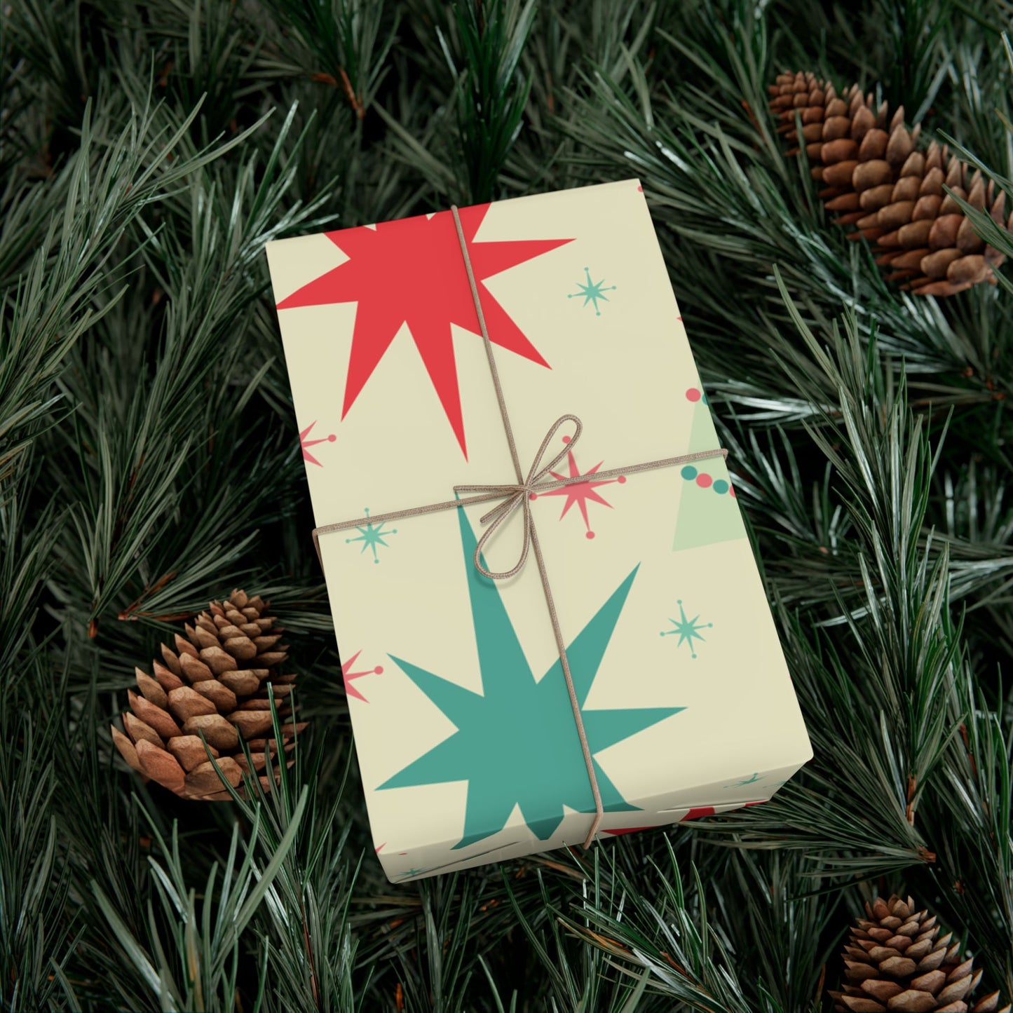Retro Mid-Century Christmas Gift Wrap Paper – Starburst & Tree Pattern