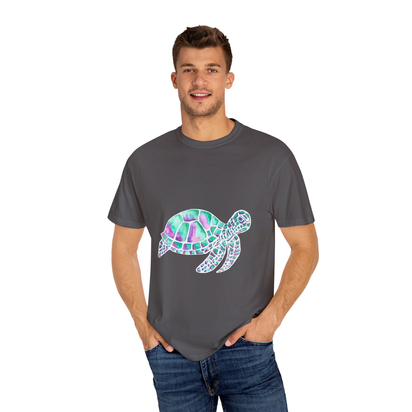 Sea Turtle in Teal and Purple Unisex Garment-Dyed T-shirt