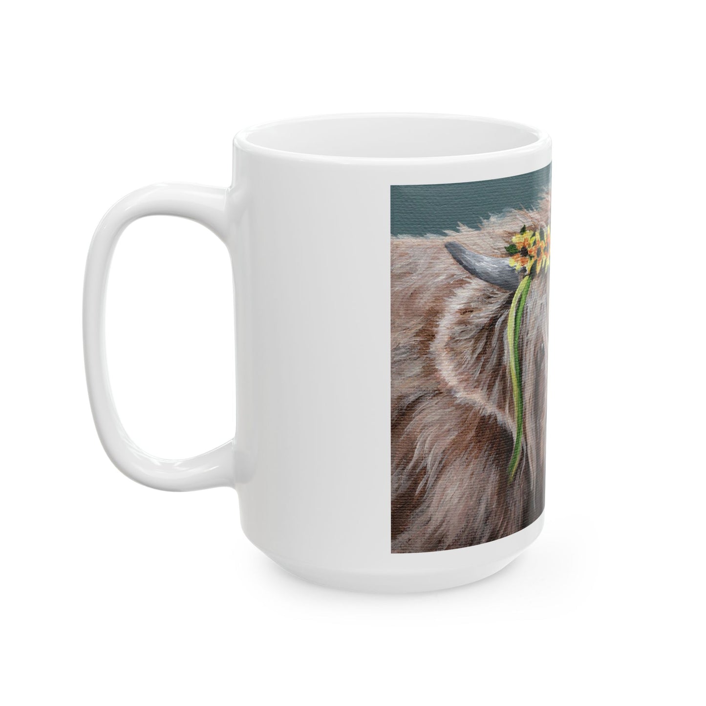 Highland Cow Mug with Sunflower Crown — Ceramic Coffee Cup (11oz, 15oz)