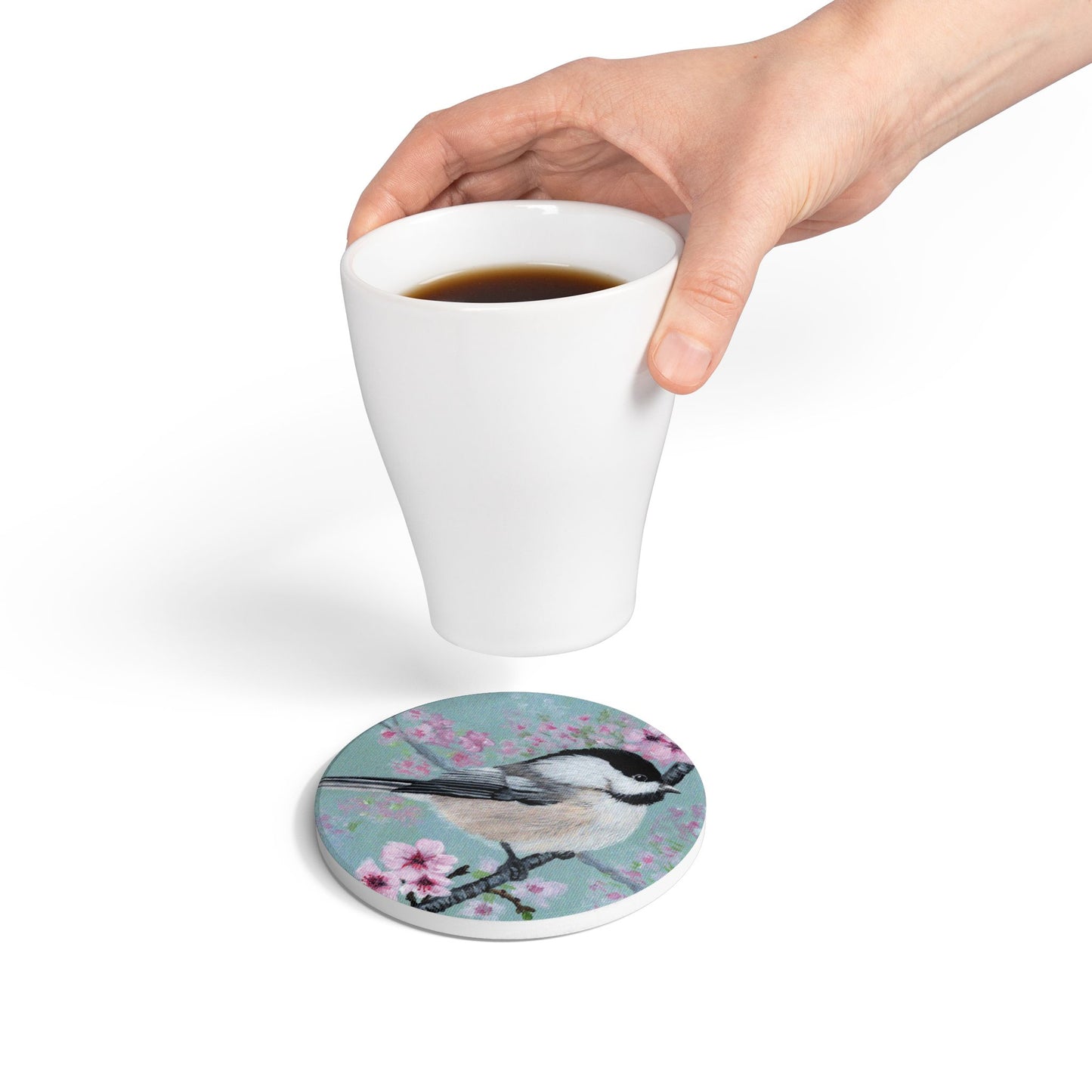 Chickadee & Cherry Blossom Ceramic Coaster — Spring Bird Drink Coaster