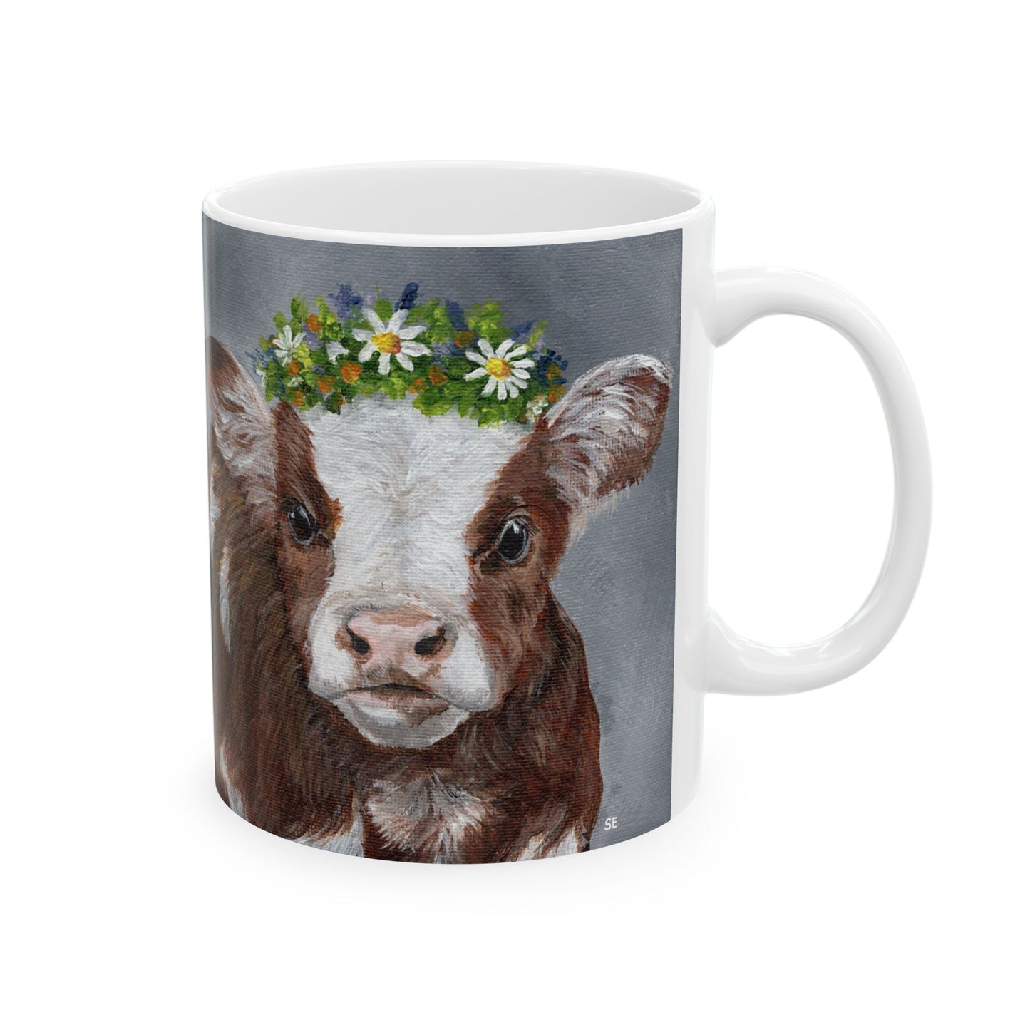 Cow with Daisy Crown Ceramic Mug — Cute Farm Animal Coffee Cup (11oz, 15oz)