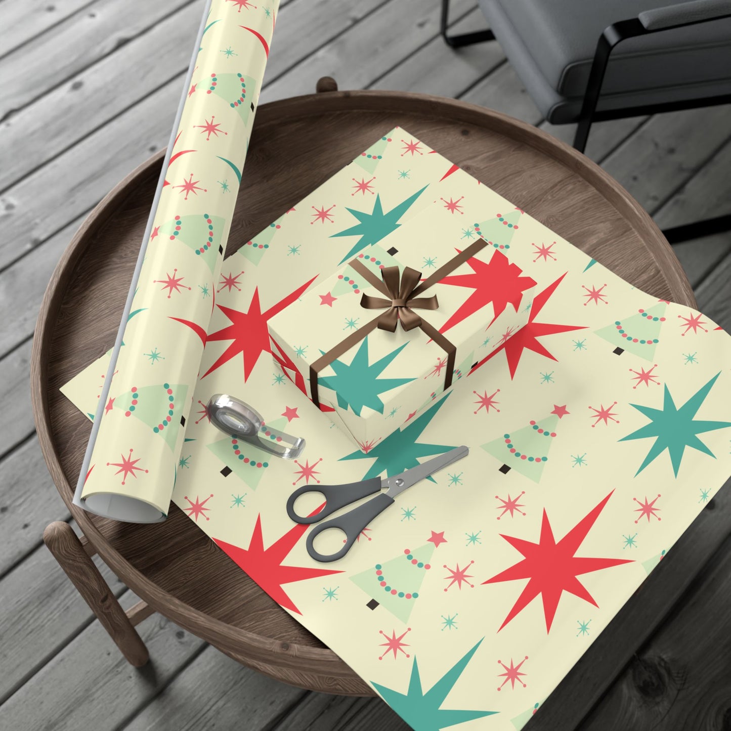 Retro Mid-Century Christmas Gift Wrap Paper – Starburst & Tree Pattern