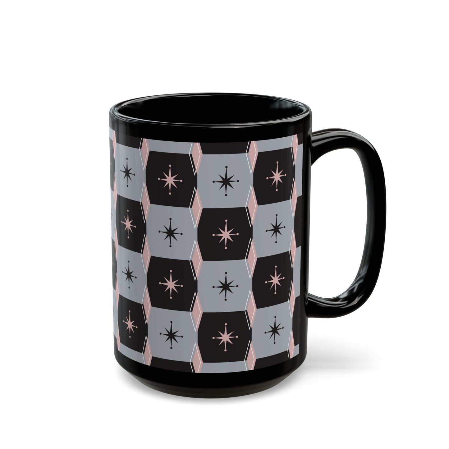 Retro Starburst Black Mug — Mid-Century Geometric Coffee Cup (11oz/15oz)