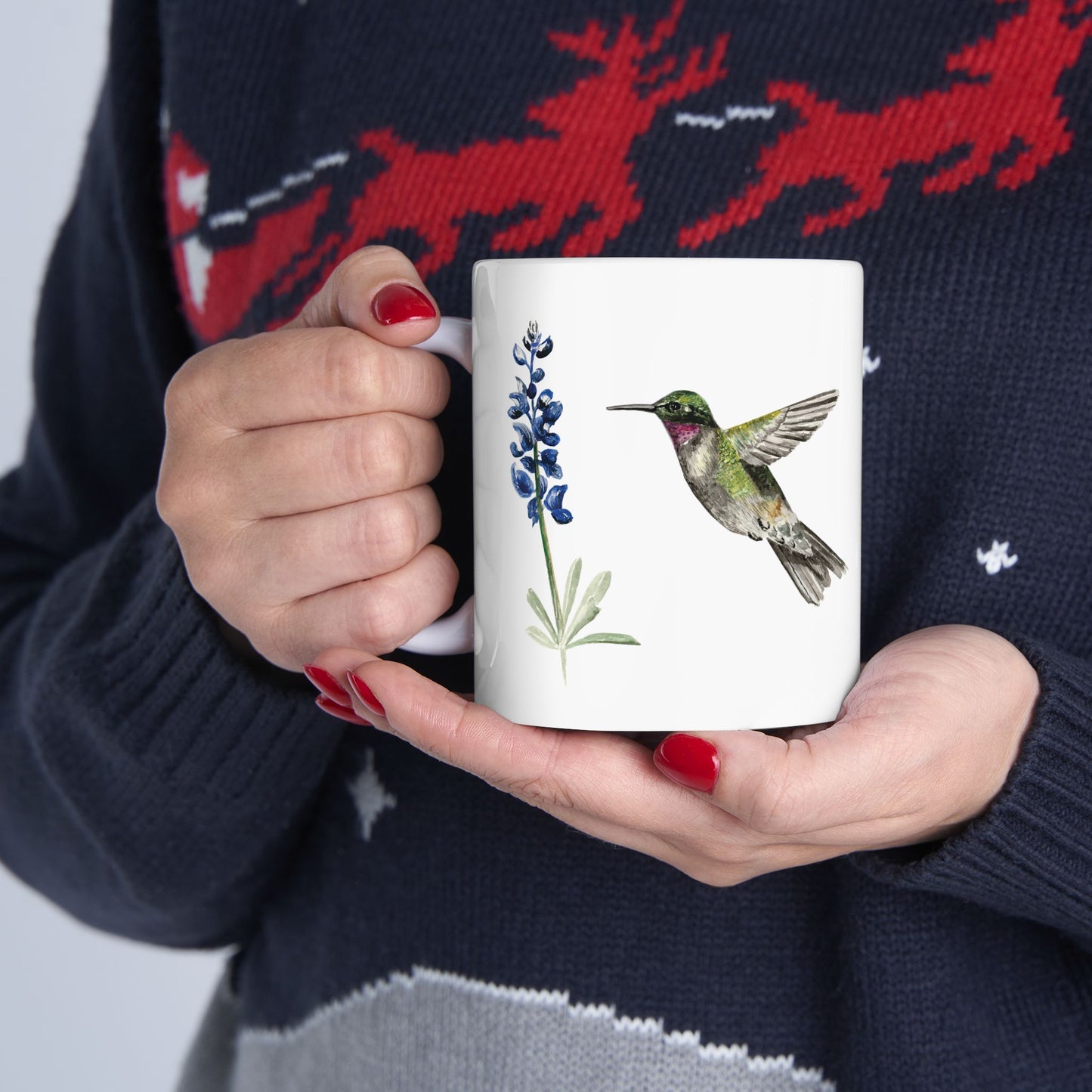Hummingbird & Bluebonnet Ceramic Mug — Floral Bird Coffee Tea Cup (11oz, 15oz)