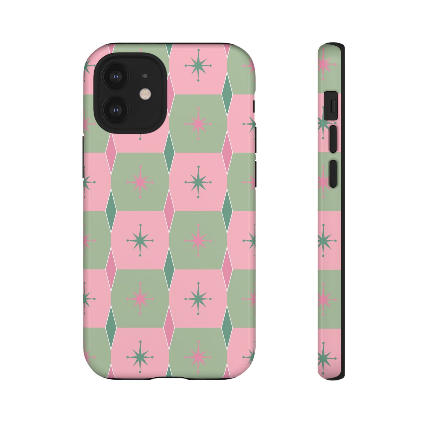 1950s Retro Square and Diamond Pattern in Pink and Green Tough Cases