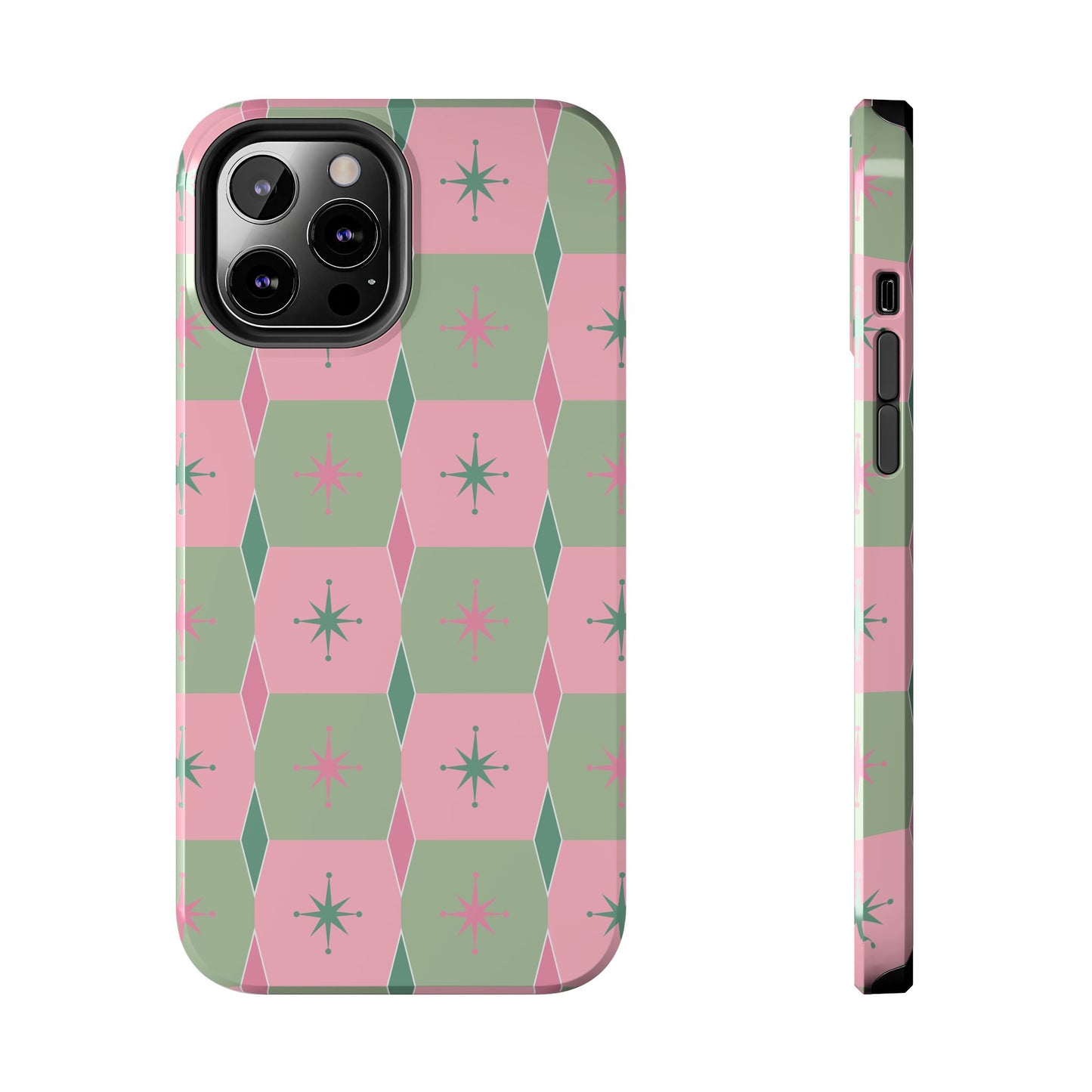 1950s Retro Square and Diamond Pattern in Pink and Green Tough iPhone Cases