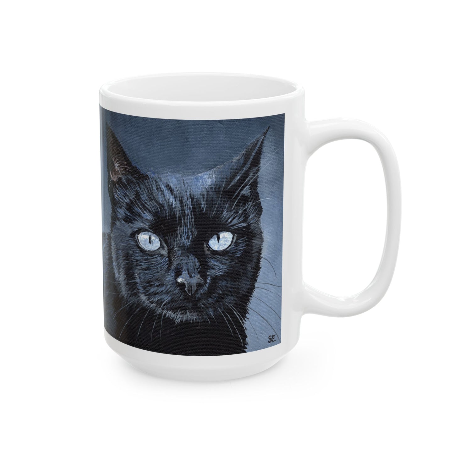 Black Cat Portrait Mug — Ceramic Coffee Cup with Moody Blue Background (11oz, 15oz)