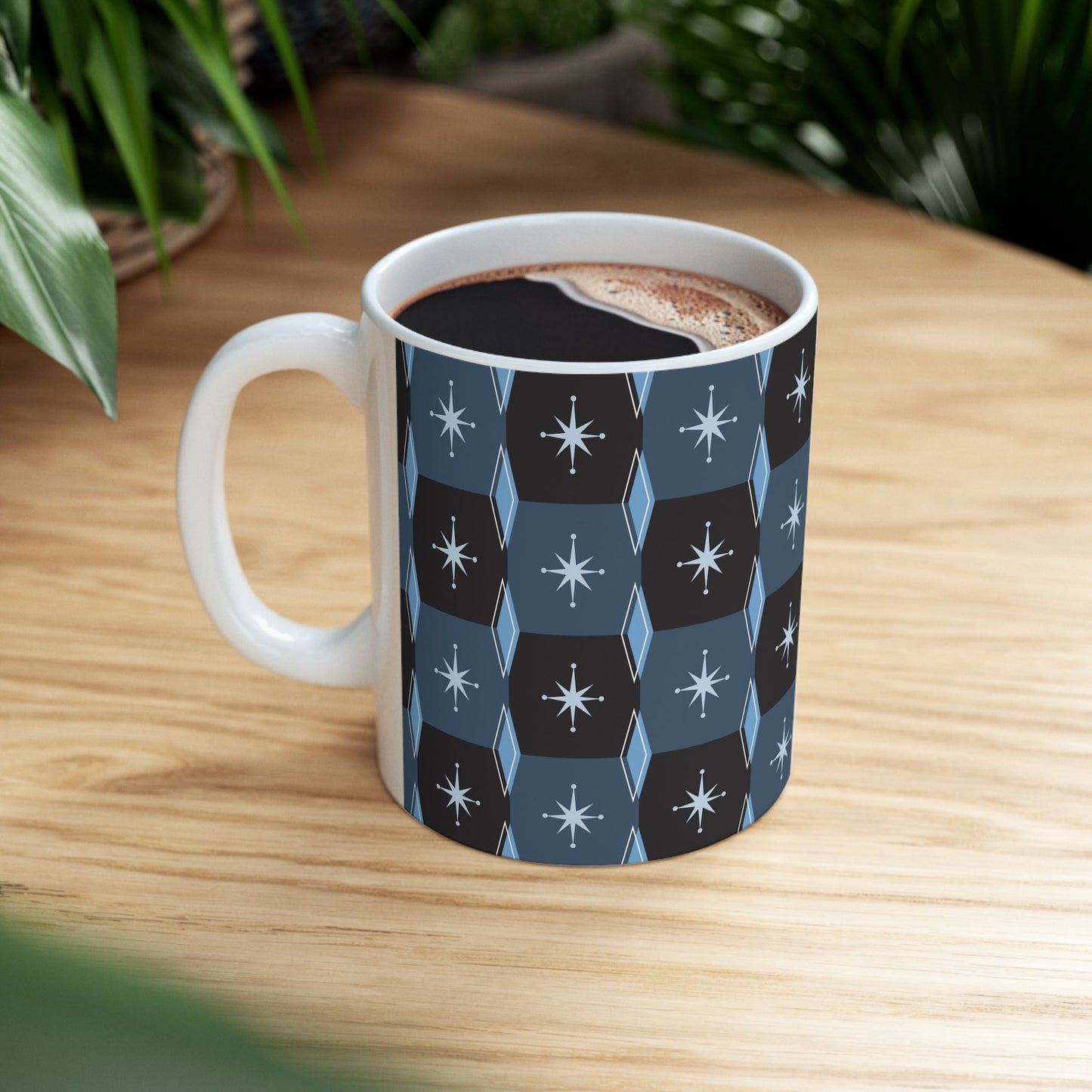 Retro Starburst Pattern Ceramic Mug — Mid-Century Modern Blue Coffee Cup (11oz, 15oz)