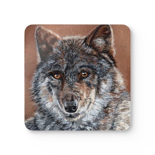 Wolf Portrait Cork Coaster Set — Rustic Wildlife Drink Coasters (4-Pack)