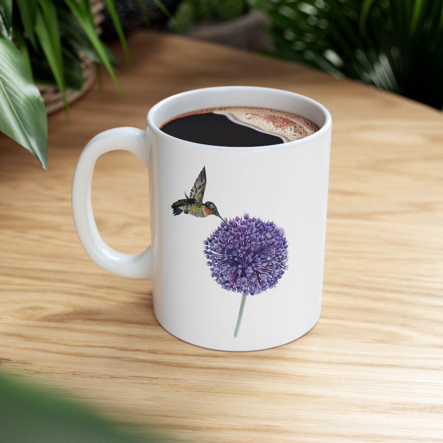 Hummingbird and Yorktown Onion Ceramic Mug — Purple Allium Floral & Hummingbird Coffee Cup (11oz & 15oz)