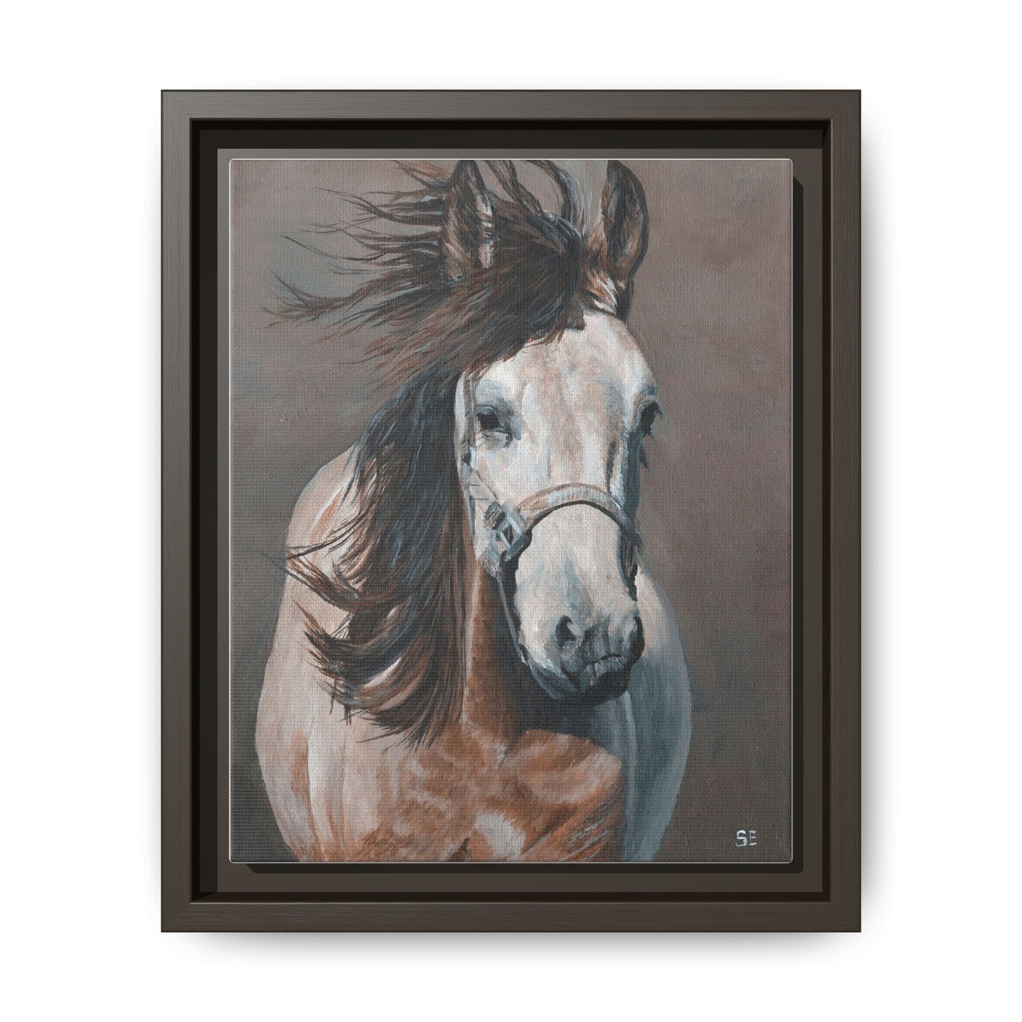 Framed Horse Canvas Print — Windblown Equine Portrait, Matte Finish