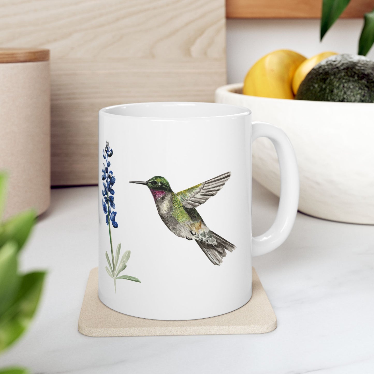 Hummingbird & Bluebonnet Ceramic Mug — Floral Bird Coffee Tea Cup (11oz, 15oz)