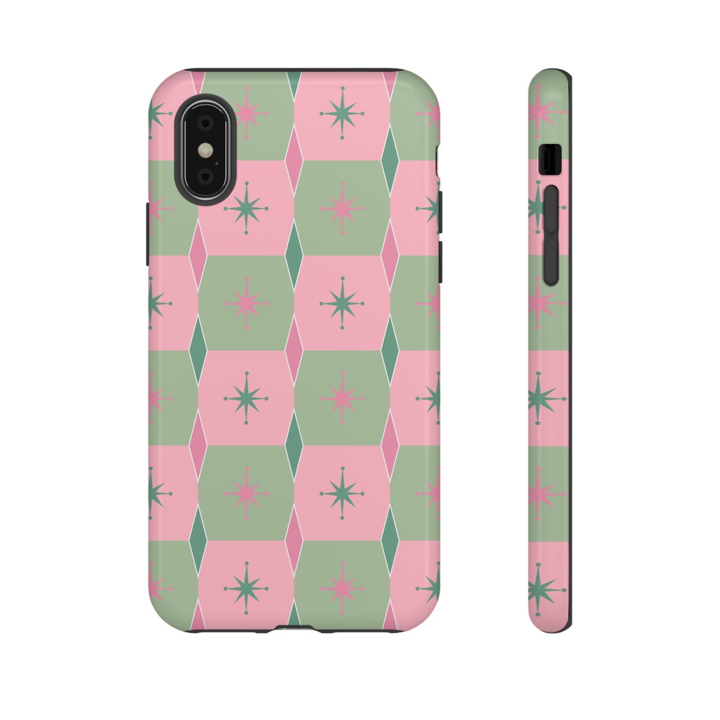 1950s Retro Square and Diamond Pattern in Pink and Green Tough Cases