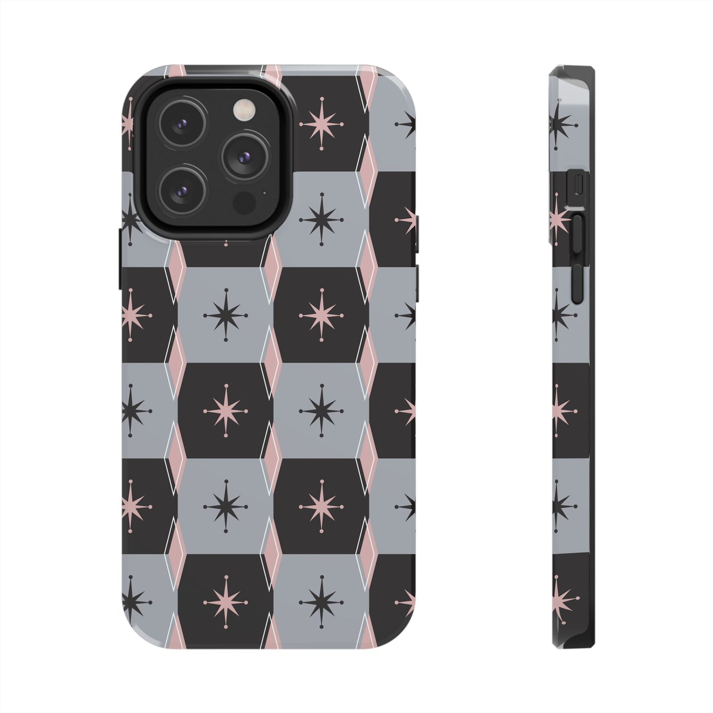 Diamond and Square Pattern in Pink, Black and Gray Tough iPhone Cases