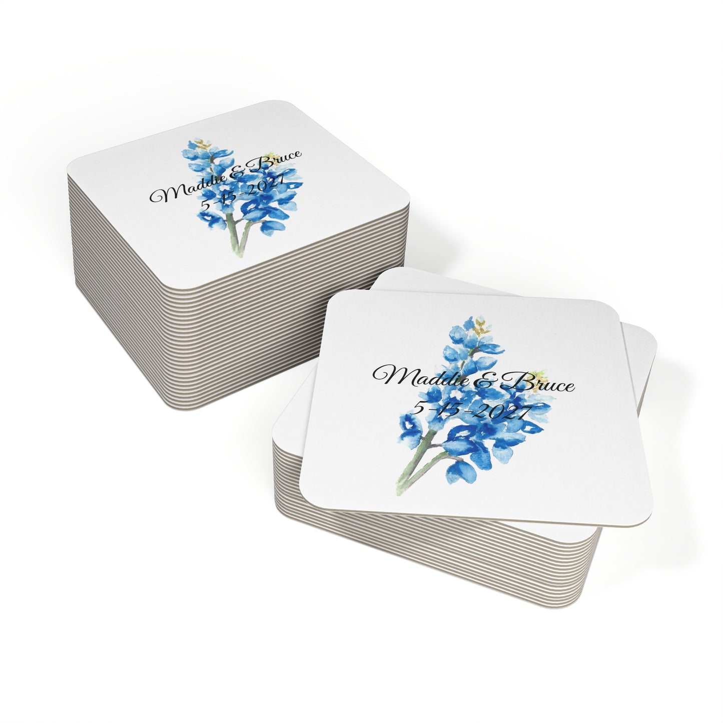 Coasters - Personalized Blue Floral Wedding Coasters (Custom Names & Date)