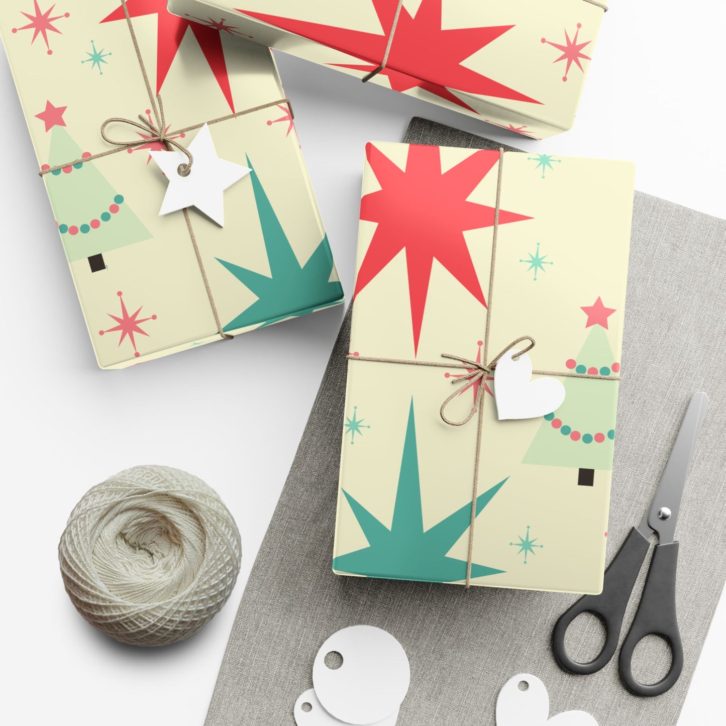 Retro Mid-Century Christmas Gift Wrap Paper – Starburst & Tree Pattern