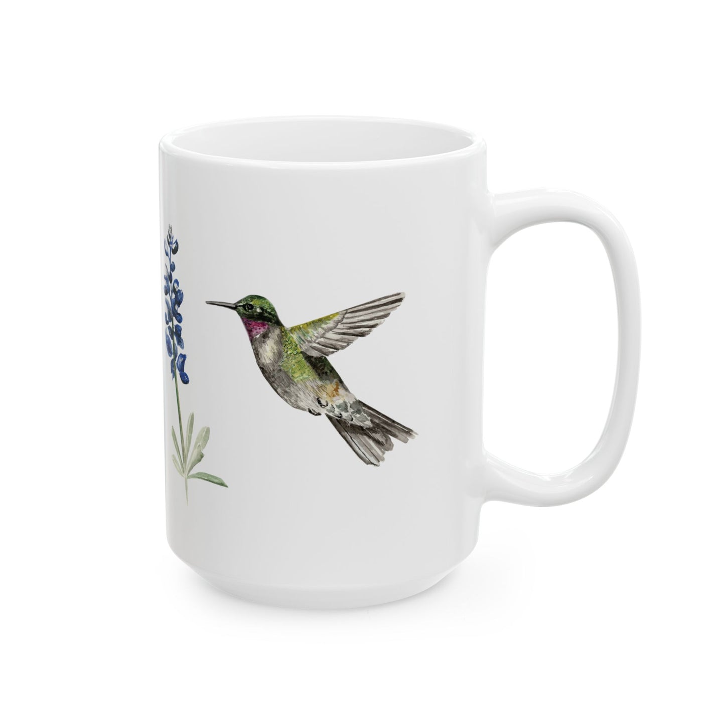 Hummingbird & Bluebonnet Ceramic Mug — Floral Bird Coffee Tea Cup (11oz, 15oz)