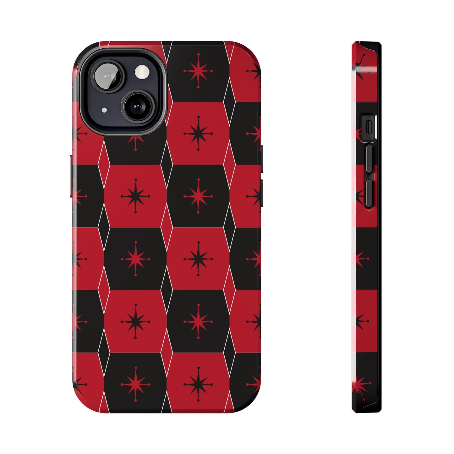 Square and Diamond Pattern in Red and Black Tough iPhone Case