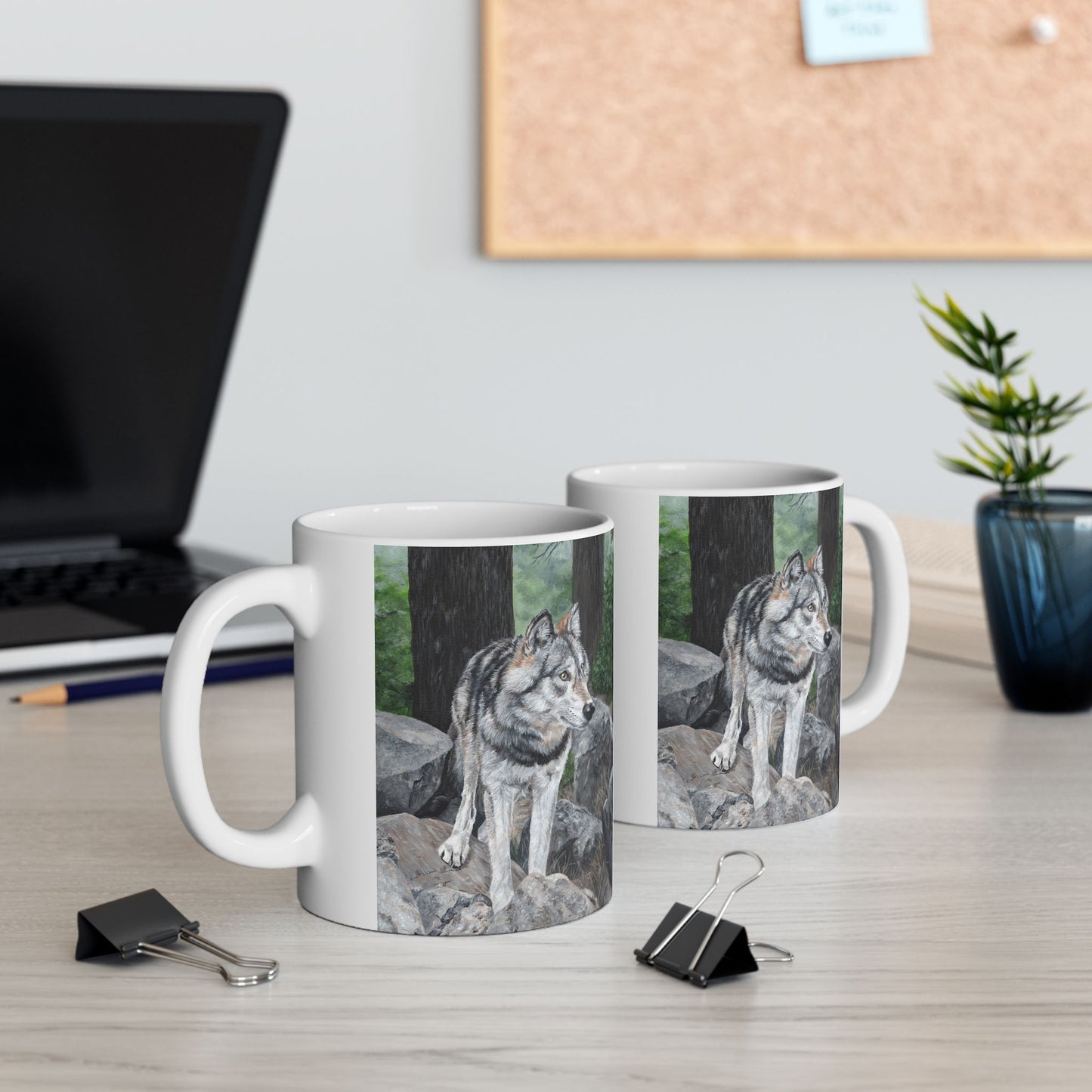 Wolf in the Woods Ceramic Mug — Rustic Nature Coffee Cup (11oz/15oz)