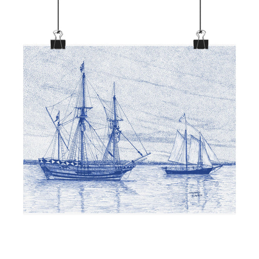 Sailboat Sketch Matte Poster — Blue Nautical Ship Wall Art