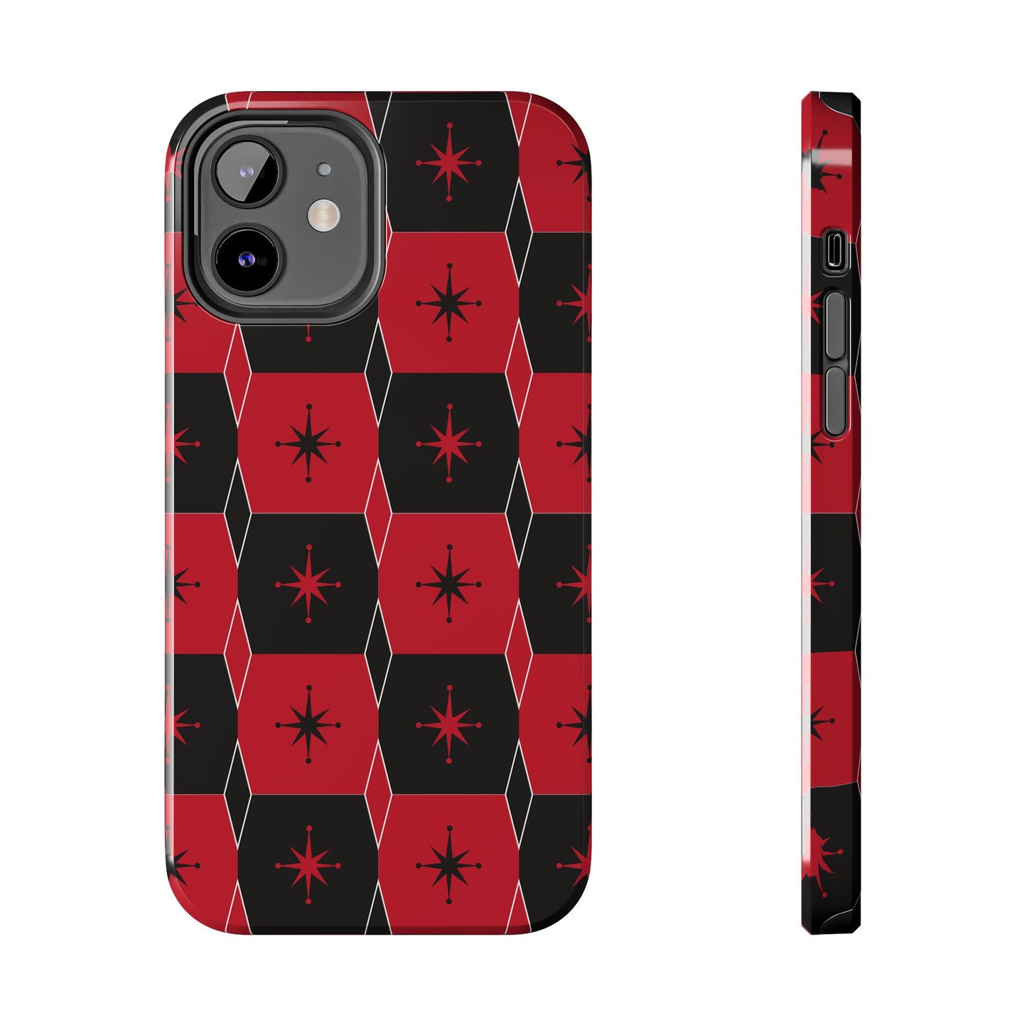 Square and Diamond Pattern in Red and Black Tough iPhone Case