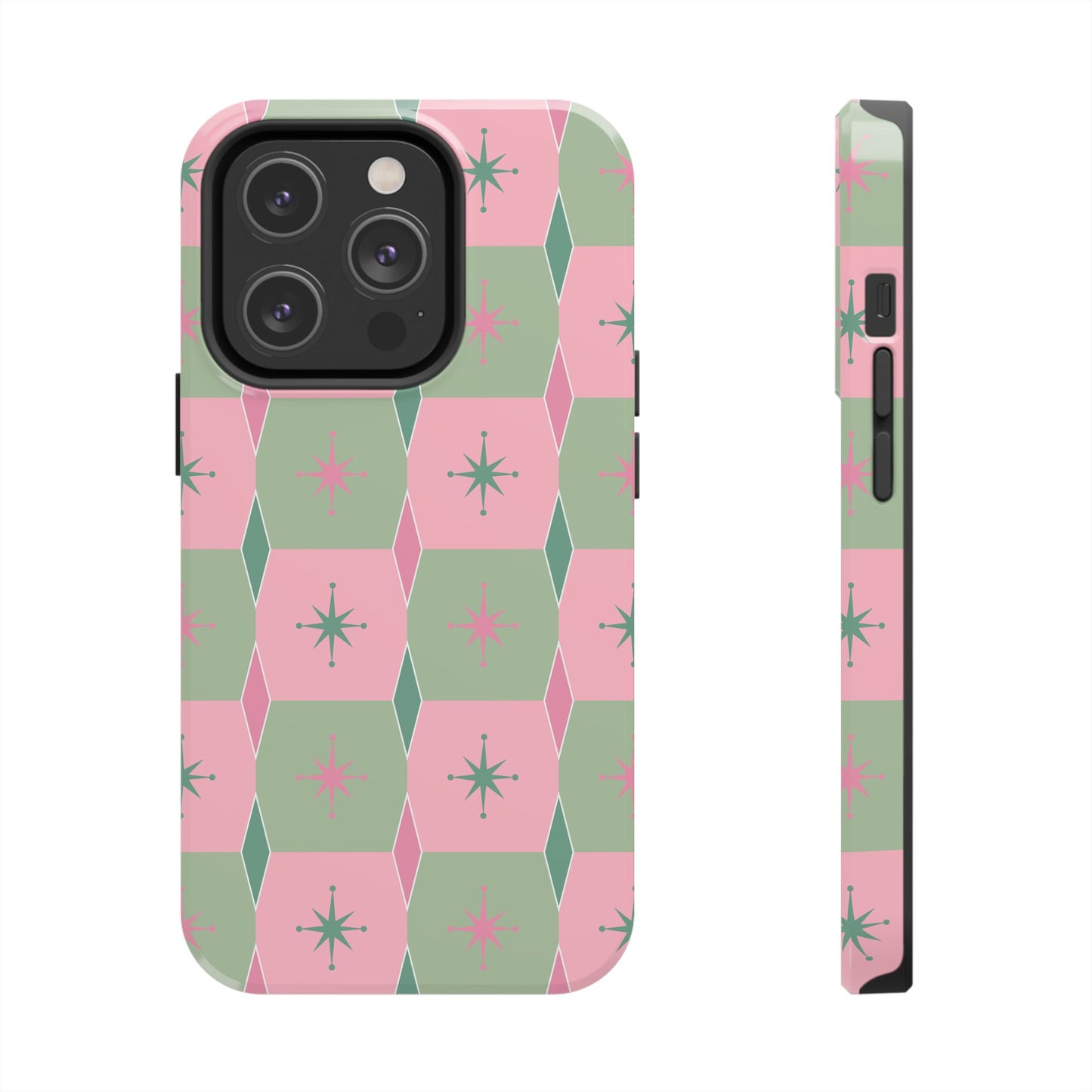 1950s Retro Square and Diamond Pattern in Pink and Green Tough iPhone Cases