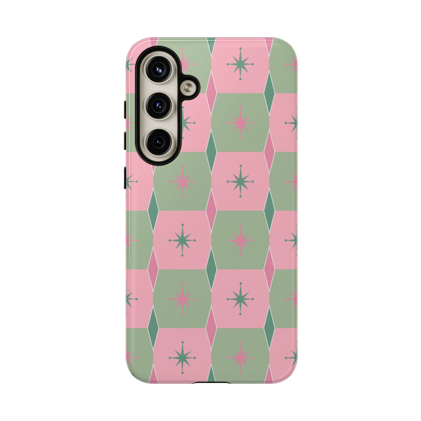 1950s Retro Square and Diamond Pattern in Pink and Green Tough Cases