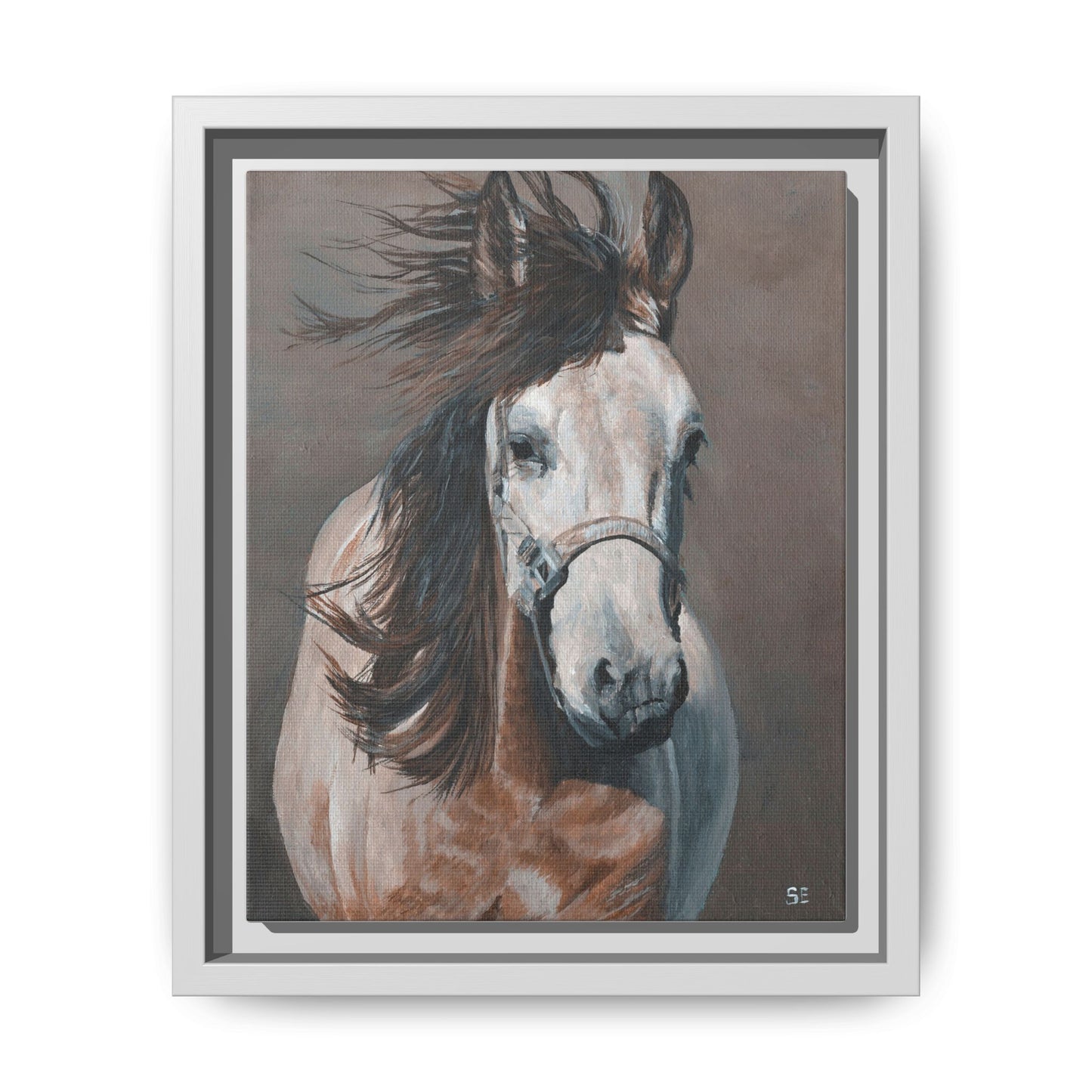Framed Horse Canvas Print — Windblown Equine Portrait, Matte Finish