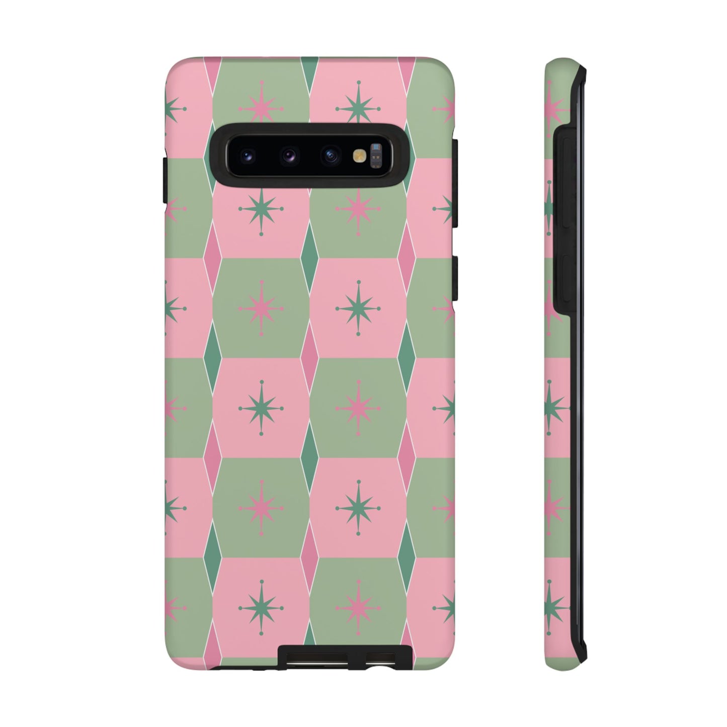 1950s Retro Square and Diamond Pattern in Pink and Green Tough Cases