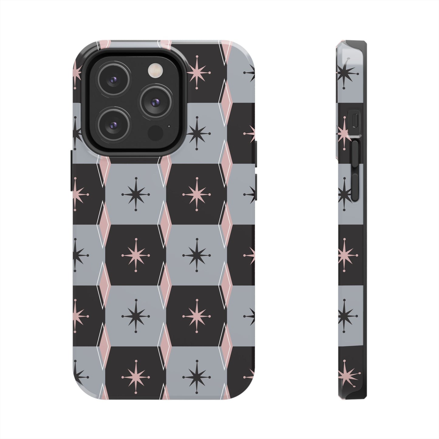 Diamond and Square Pattern in Pink, Black and Gray Tough iPhone Cases