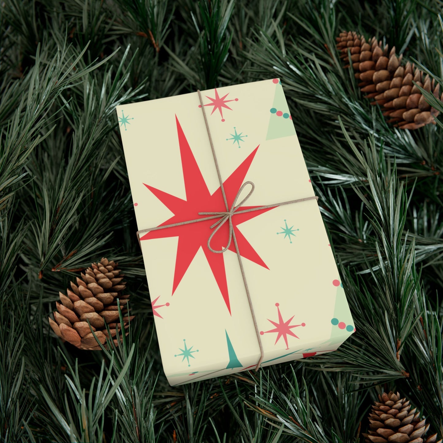 Retro Mid-Century Christmas Gift Wrap Paper – Starburst & Tree Pattern