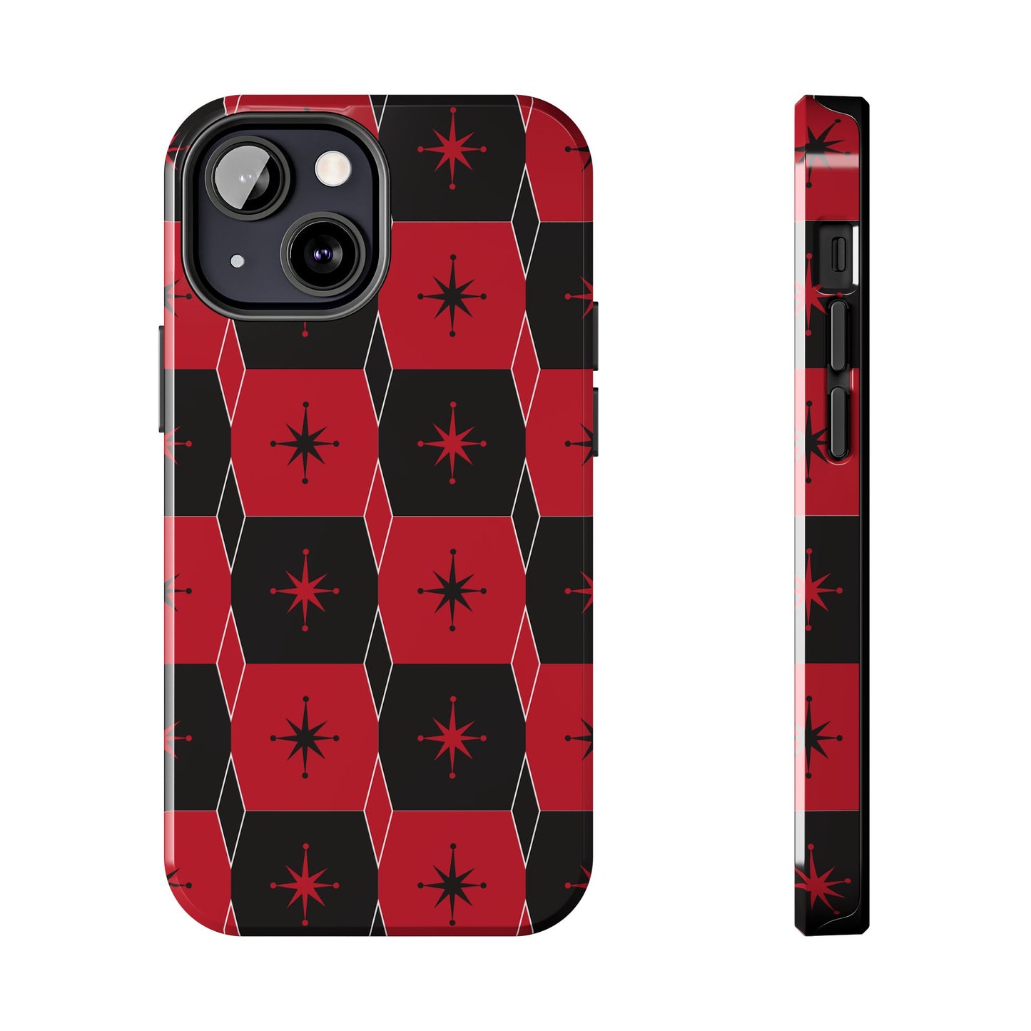 Square and Diamond Pattern in Red and Black Tough iPhone Case