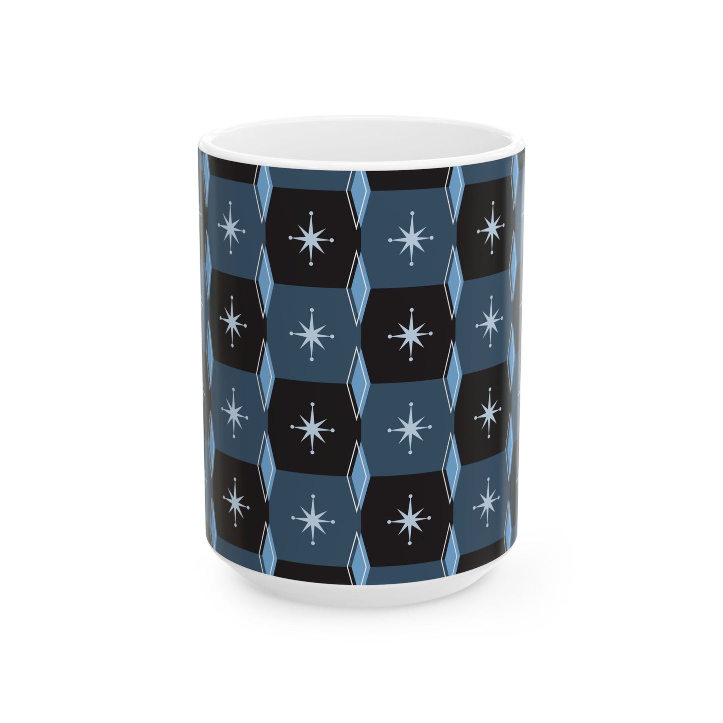 Retro Starburst Pattern Ceramic Mug — Mid-Century Modern Blue Coffee Cup (11oz, 15oz)
