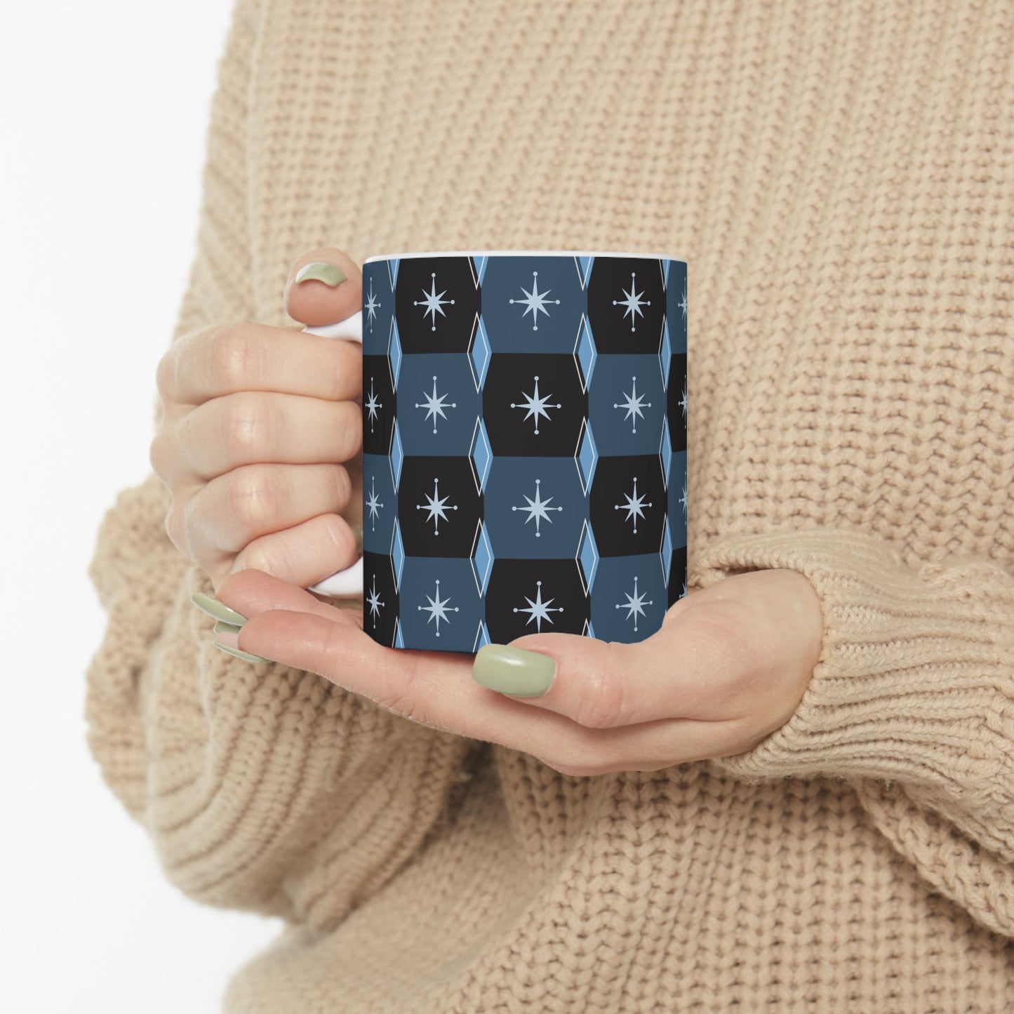 Retro Starburst Pattern Ceramic Mug — Mid-Century Modern Blue Coffee Cup (11oz, 15oz)